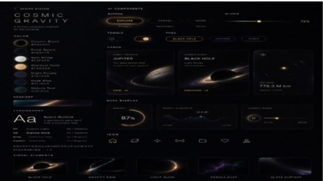 Cosmic Gravity Glass UI System Qwen Image prompt example: A premium glassmorphism design-system board for a space-themed app or dashboard, useful for showcasing futuristic UI...