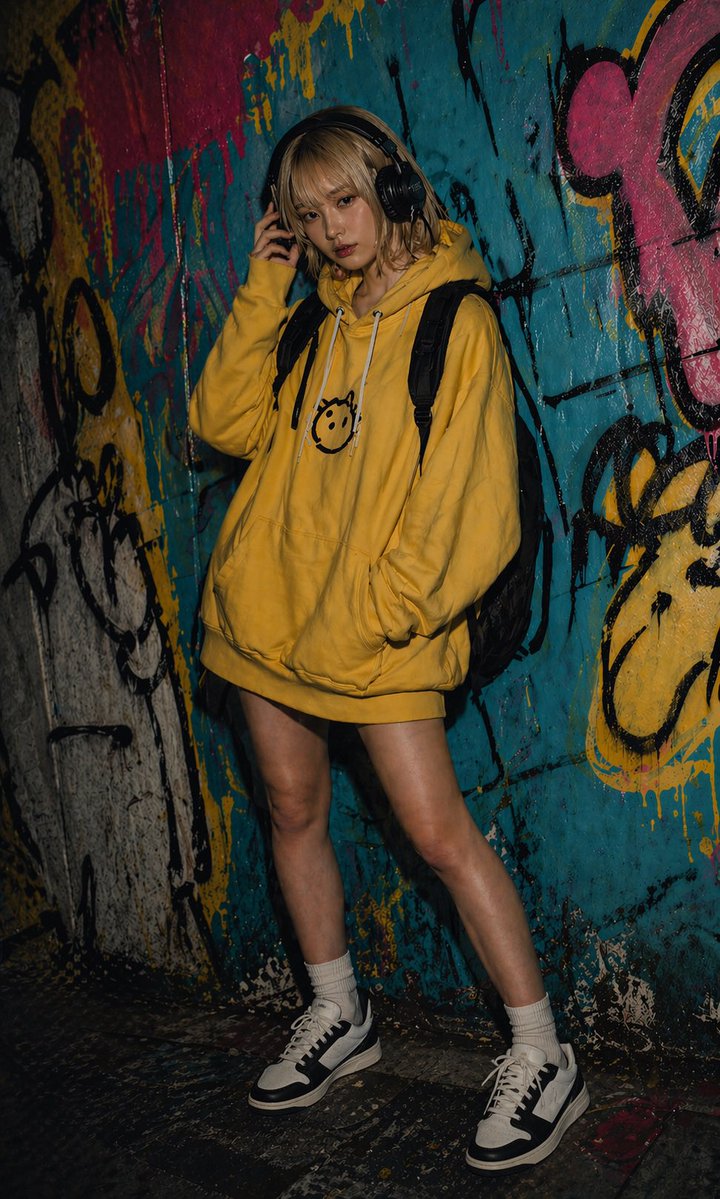 Urban Graffiti Hoodie Fashion Portrait Qwen Image prompt example: This prompt generates a realistic full-body streetwear portrait of a young woman in an oversized hoodie posing...