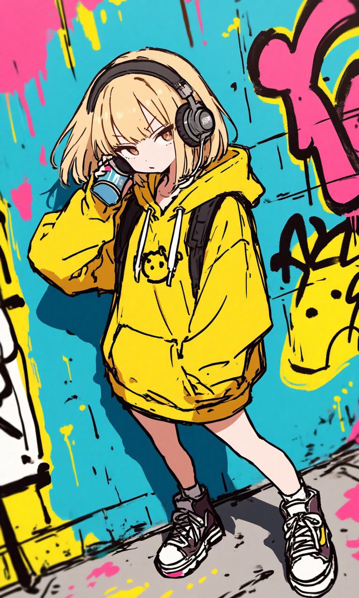 Anime Graffiti Girl in Yellow Hoodie Qwen Image prompt example: This prompt generates a full-body anime-style street girl portrait with headphones, a spray can, and a vibrant...