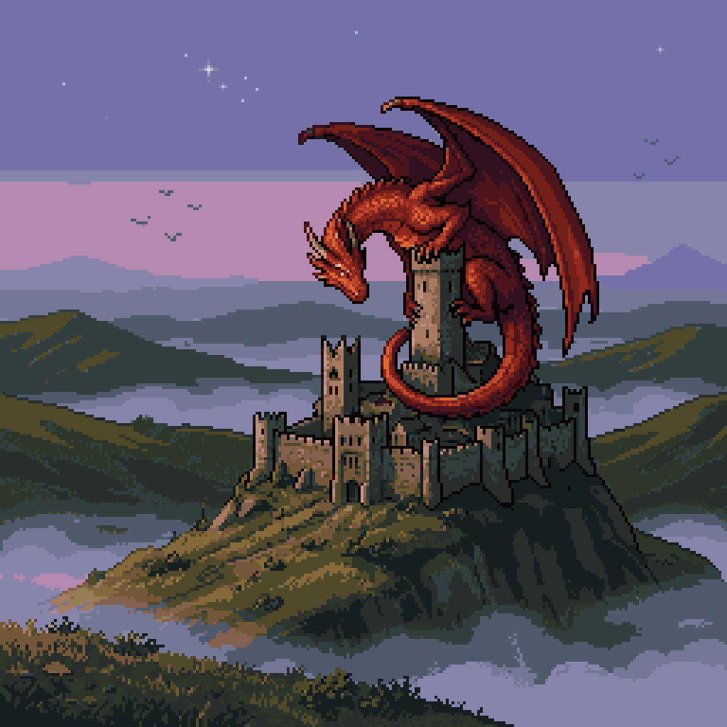 Pixel Art Dragon on Castle Qwen Image prompt example: This prompt generates a retro-style fantasy pixel art scene of a red dragon perched on a castle at dusk, ideal for game art...