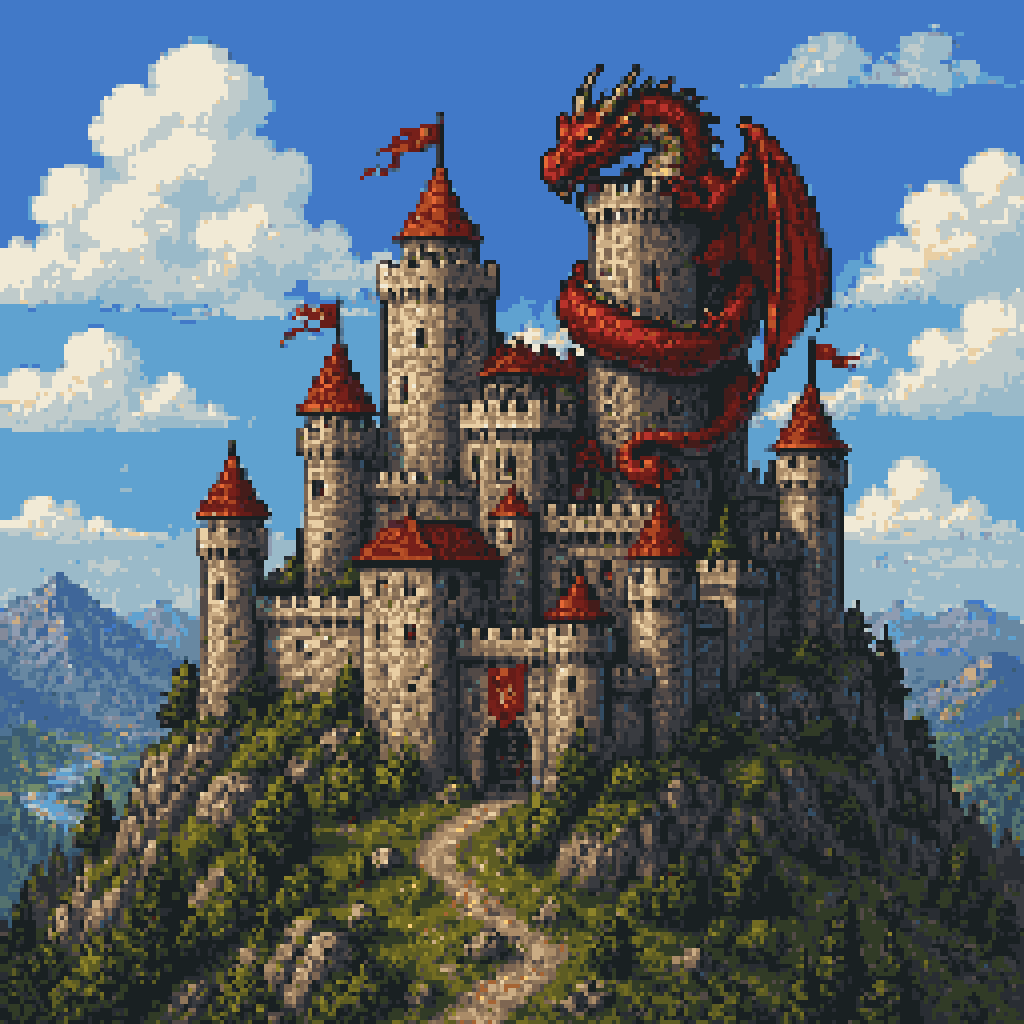 Pixel Art Dragon Castle Qwen Image prompt example: This prompt generates a retro-style fantasy pixel art image of a dragon wrapped around a mountain castle, ideal for game art,...