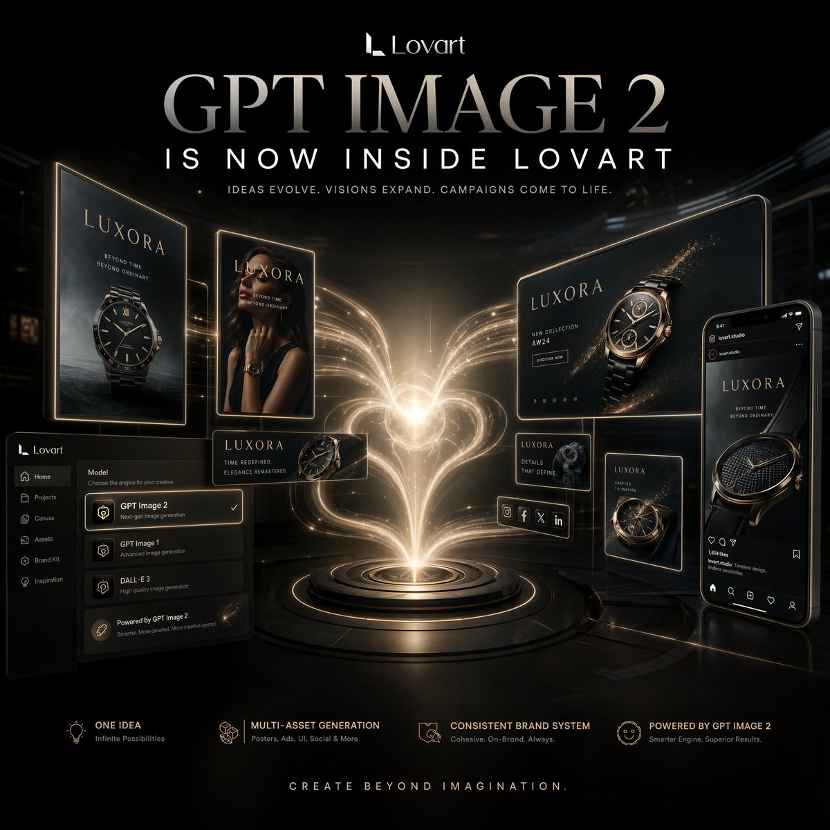 Luxury AI Campaign Launch Poster Qwen Image prompt example: A cinematic square promo poster showing an AI design platform generating a complete luxury watch brand campaign across...