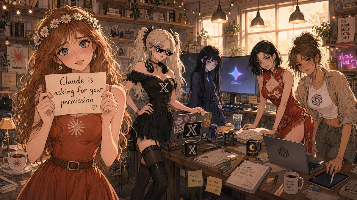 Anime AI Studio Girls at Sunset Qwen Image prompt example: This prompt generates a detailed anime-style group scene of five stylish women in a warm startup studio surrounded by...