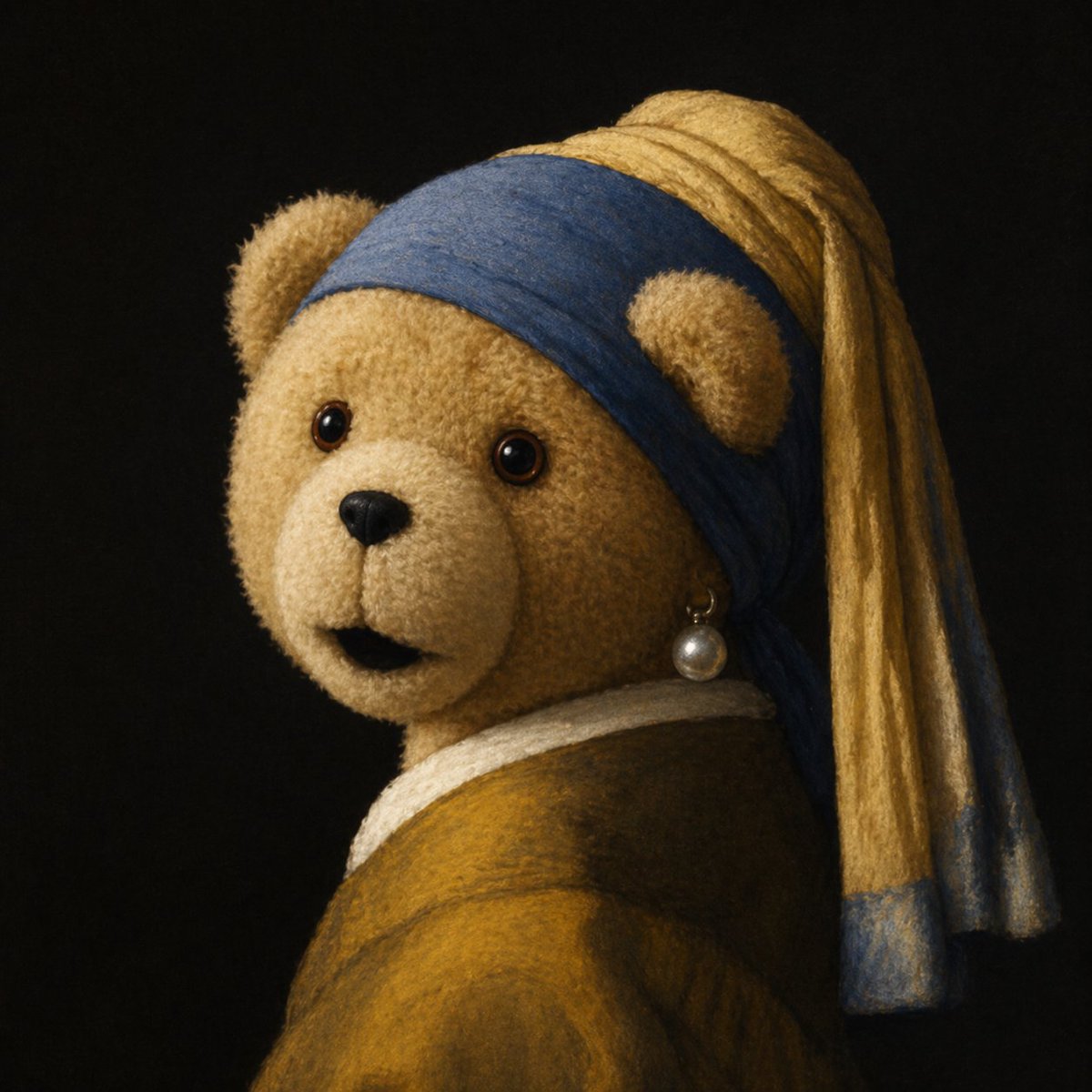 Teddy Bear with a Pearl Earring Qwen Image prompt example image