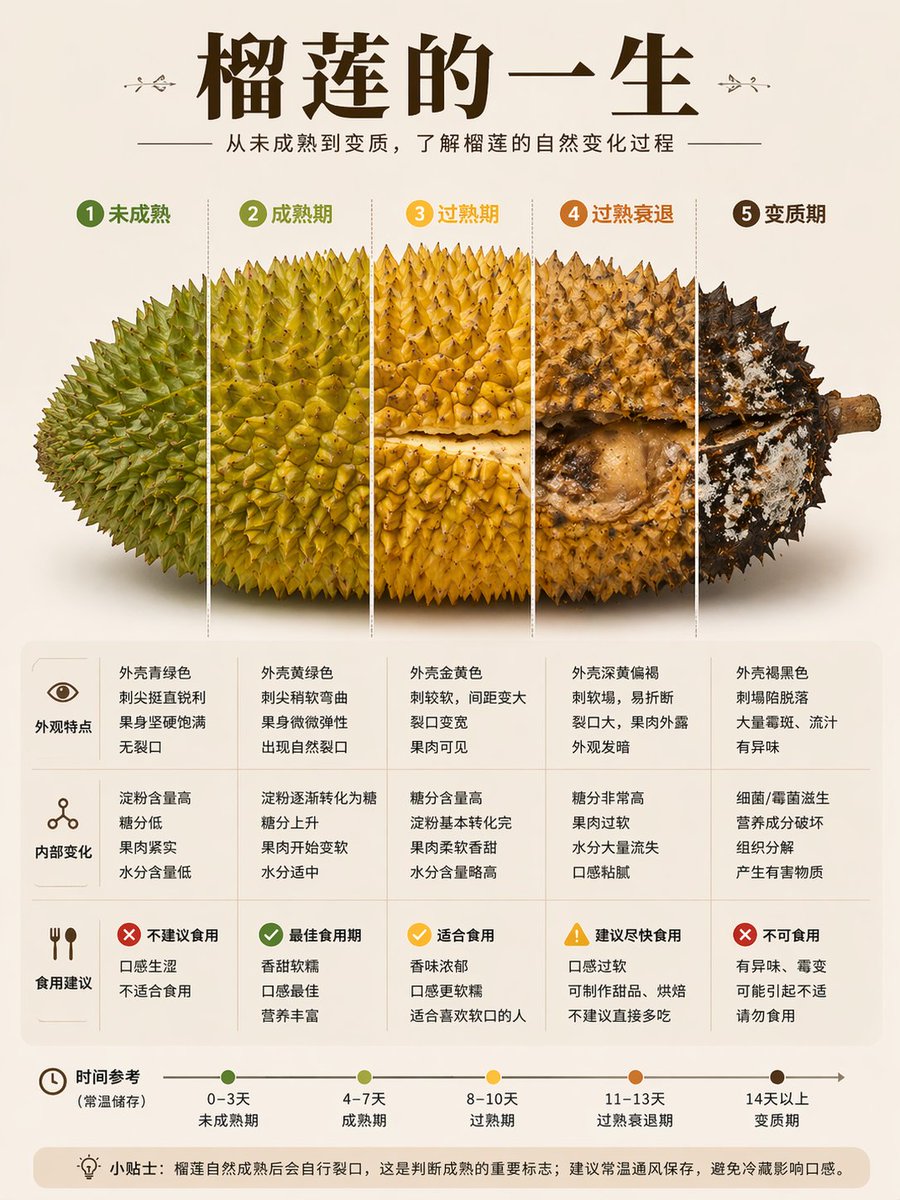Durian Ripening Lifecycle Infographic Qwen Image prompt example: A Chinese educational infographic poster showing five durian ripening stages with realistic fruit visuals,...