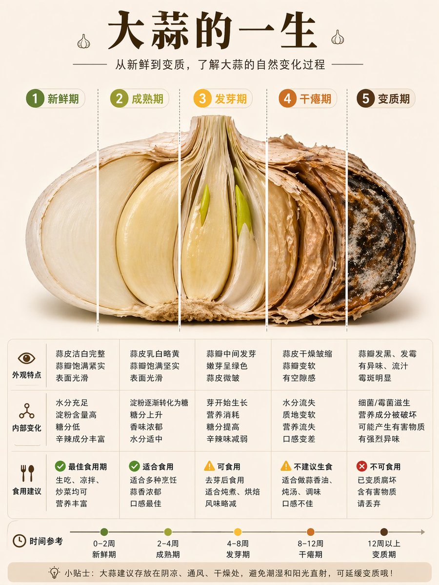 Garlic Life Cycle Infographic Qwen Image prompt example: A Chinese educational infographic poster showing 5 stages of garlic aging with a segmented cutaway bulb, comparison...