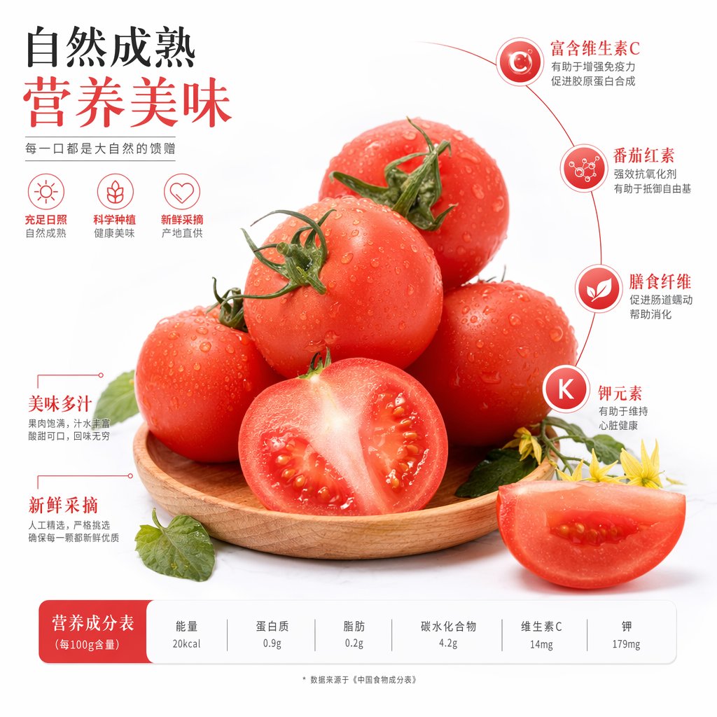 Chinese Tomato Nutrition Poster Qwen Image prompt example: A polished Chinese produce advertisement showing fresh tomatoes with nutritional callouts and a bottom nutrition table,...