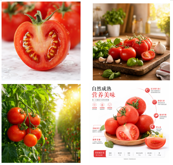 Chinese Tomato Nutrition Poster Qwen Image prompt example variation 2: A polished Chinese produce advertisement showing fresh tomatoes with nutritional callouts and a bottom...