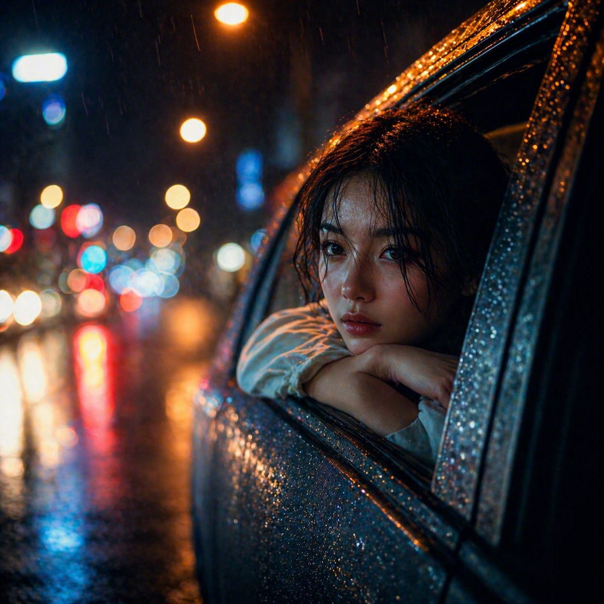 Rainy Night Woman Leaning from Car Qwen Image prompt example: A moody cinematic photo-style image of a woman leaning out of a rain-soaked car window on a neon-lit city street,...