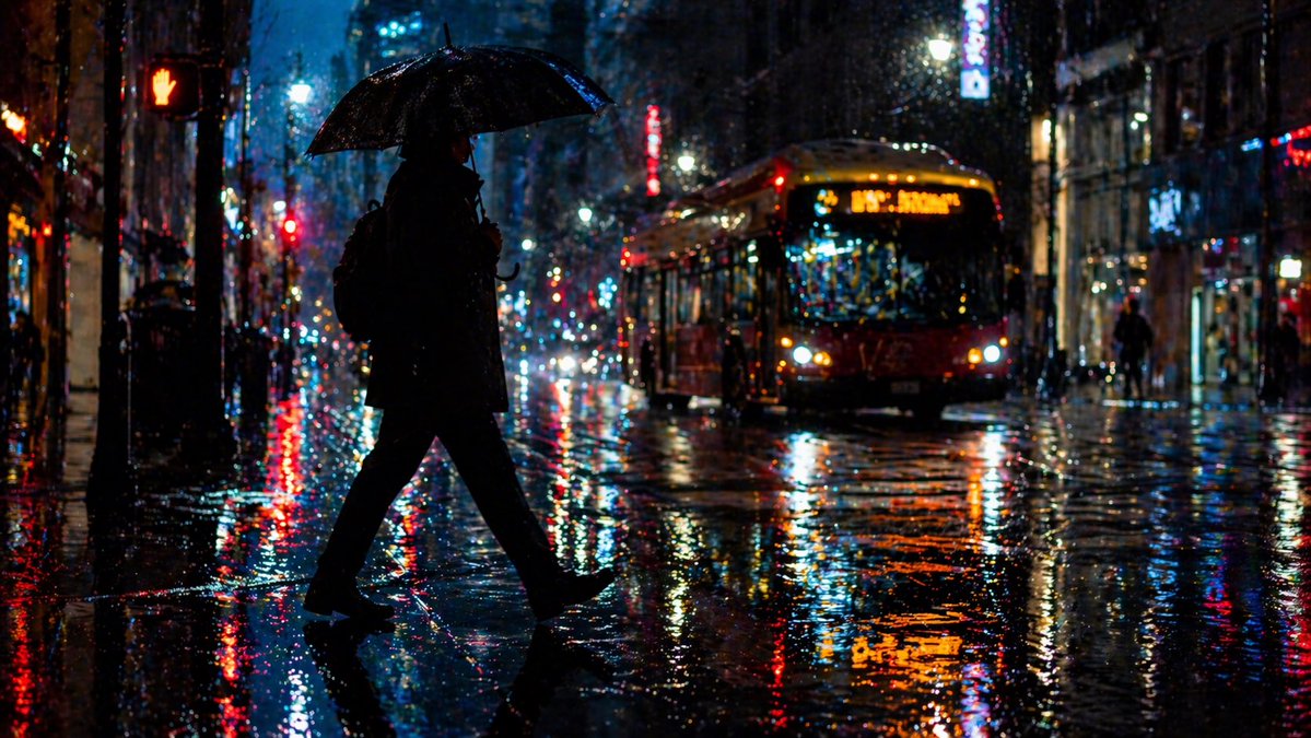 Rainy Night City Crossing Qwen Image prompt example: A moody cinematic street photo of a lone pedestrian with an umbrella crossing a neon-lit rainy city road, ideal for urban...