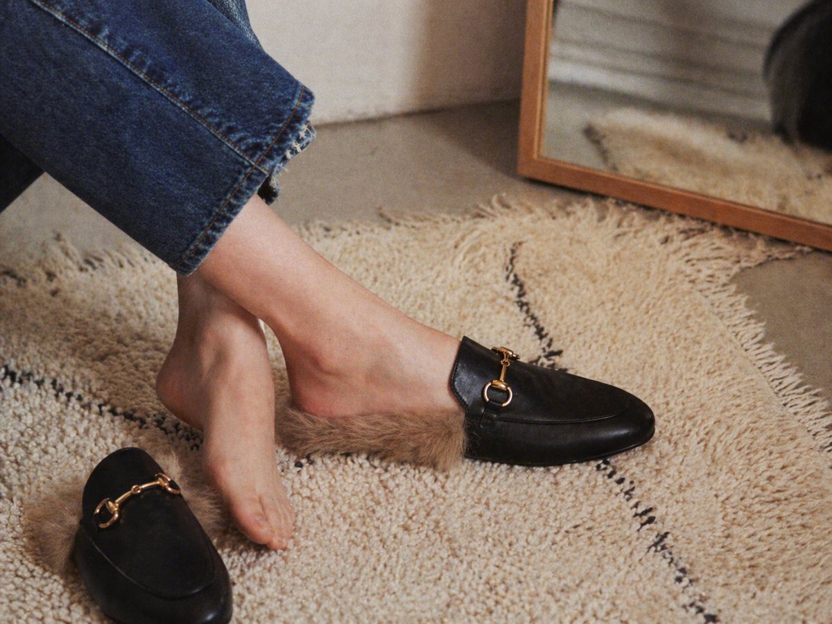 Luxury Fur-Lined Loafer Lifestyle Photo Qwen Image prompt example: This prompt generates a cozy high-end fashion product shot of fur-lined black mule loafers being tried on in a...
