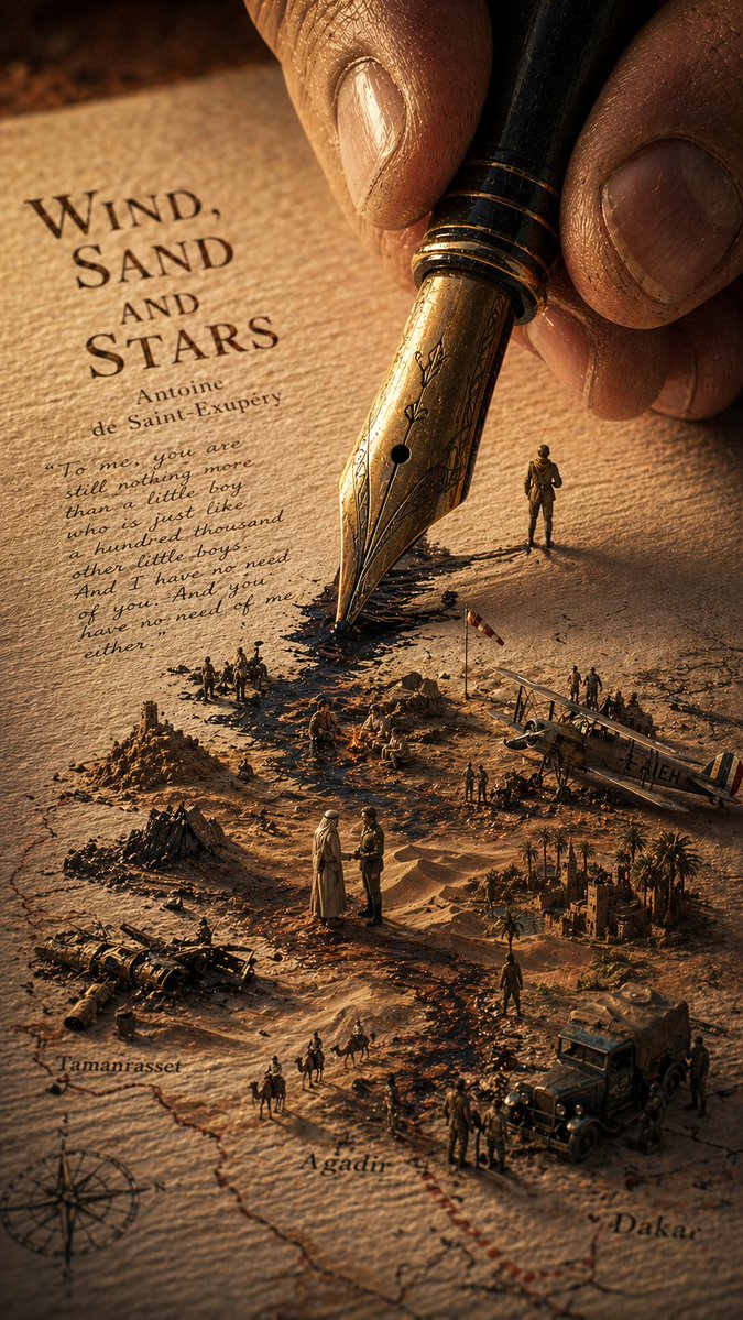Surreal Wind, Sand and Stars Book World Qwen Image prompt example: A richly detailed literary surrealist illustration of a book page turning into a miniature desert expedition...