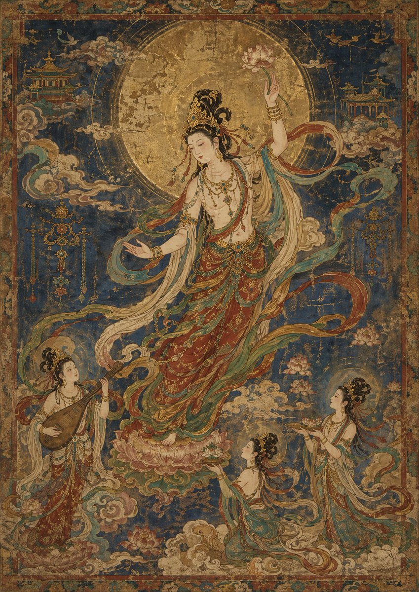 Antique Celestial Goddess Mural Qwen Image prompt example: This prompt generates a weathered blue-and-gold East Asian devotional mural featuring a central lotus-bearing celestial...