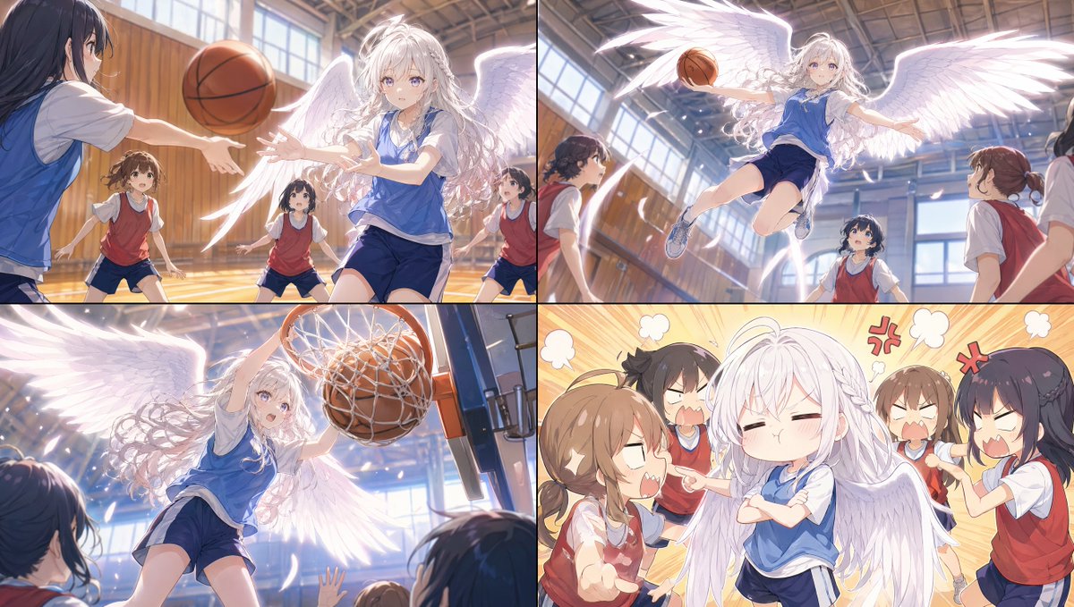 Angel Girl Basketball Storyboard Qwen Image prompt example: A four-panel anime storyboard of a winged schoolgirl dominating a basketball game, useful for concept art, scene...