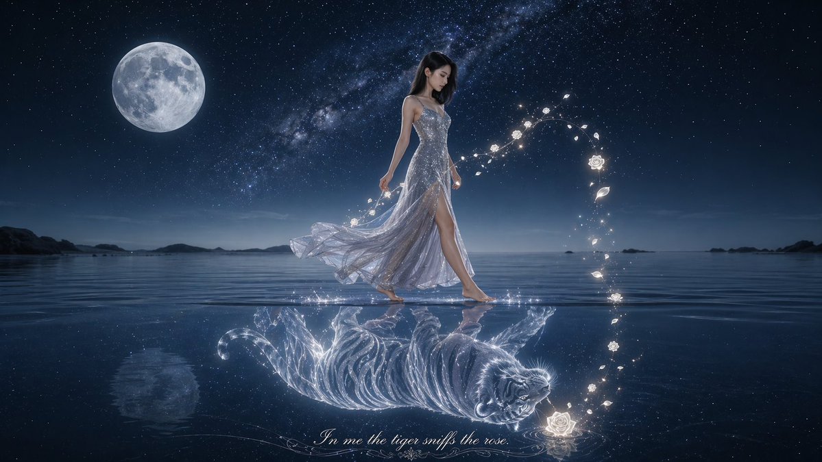 Moonlit Woman and Tiger Reflection Qwen Image prompt example: A cinematic fantasy artwork of a woman in a sparkling gown walking on reflective water with a glowing tiger...