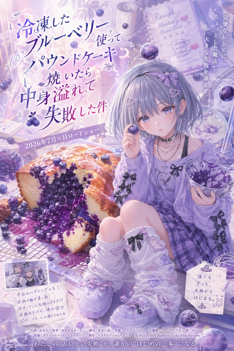 Pastel Blueberry Cake Anime Poster Qwen Image prompt example: A stylized Japanese anime film poster featuring a lavender-themed girl, an exploded blueberry pound cake, and...