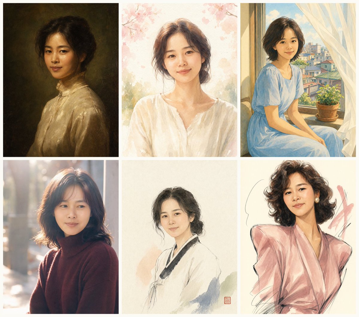 Six Styles of the Same Mother Qwen Image prompt example: A 2x3 comparison sheet showing the same middle-aged Korean mother rendered in six different artistic and nostalgic...