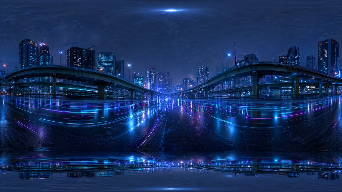 Cyberpunk City Highway HDRI Qwen Image prompt example: A futuristic rainy-night city panorama designed as a 360-degree HDRI environment map for 3D rendering backgrounds and...