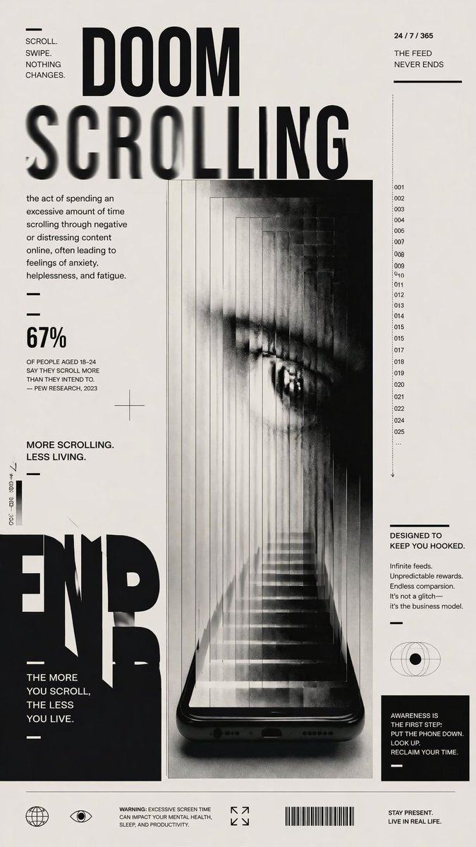 Doomscrolling Editorial Poster Qwen Image prompt example: A monochrome brutalist poster about social media addiction, ideal for awareness campaigns, magazine-style graphics, or...