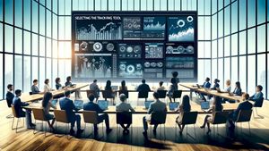 Futuristic Boardroom Analytics Meeting — A wide cinematic corporate boardroom scene in a bright modern glass-walled office with floor-to-ceiling windows and a p