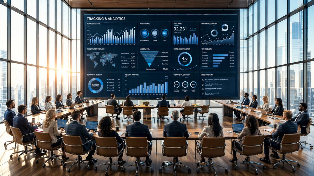 Futuristic Boardroom Analytics Meeting Qwen Image prompt example variation 2: This prompt generates a polished wide-angle corporate meeting scene centered on a giant futuristic...