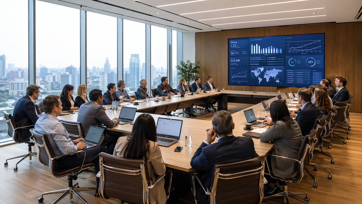 Modern Boardroom Analytics Meeting Qwen Image prompt example: A photorealistic executive boardroom meeting scene with a large team reviewing a data dashboard, ideal for business,...