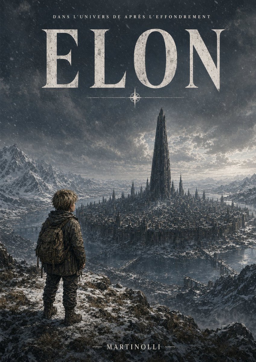 Epic French Dystopian Book Cover Qwen Image prompt example: This prompt generates a dark cinematic French-language novel cover featuring a lone figure overlooking a frozen city...