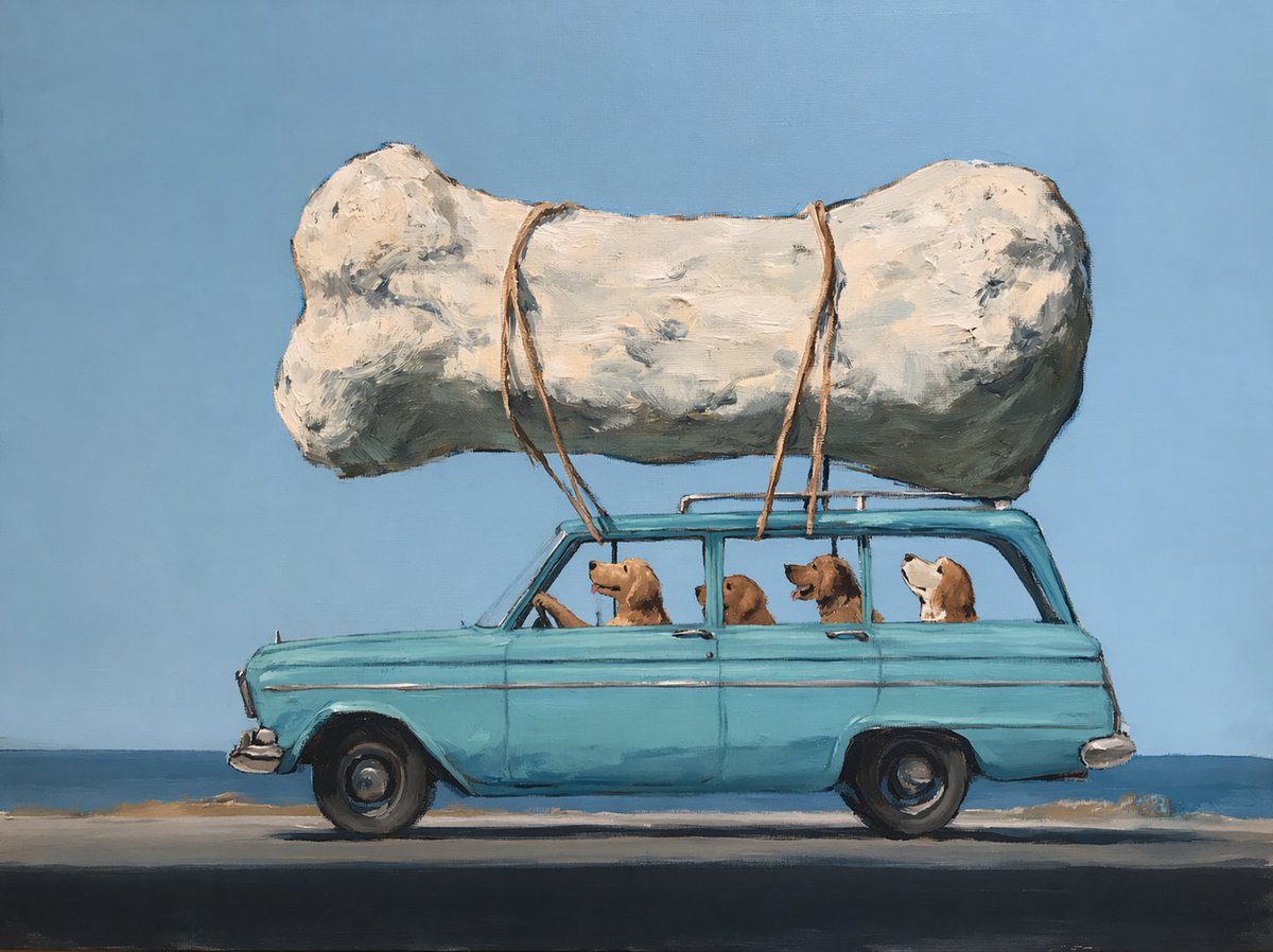 Dogs Carrying Giant Bone by the Sea Qwen Image prompt example: This prompt generates a humorous painterly coastal scene of four dogs riding in a vintage car with an enormous bone...