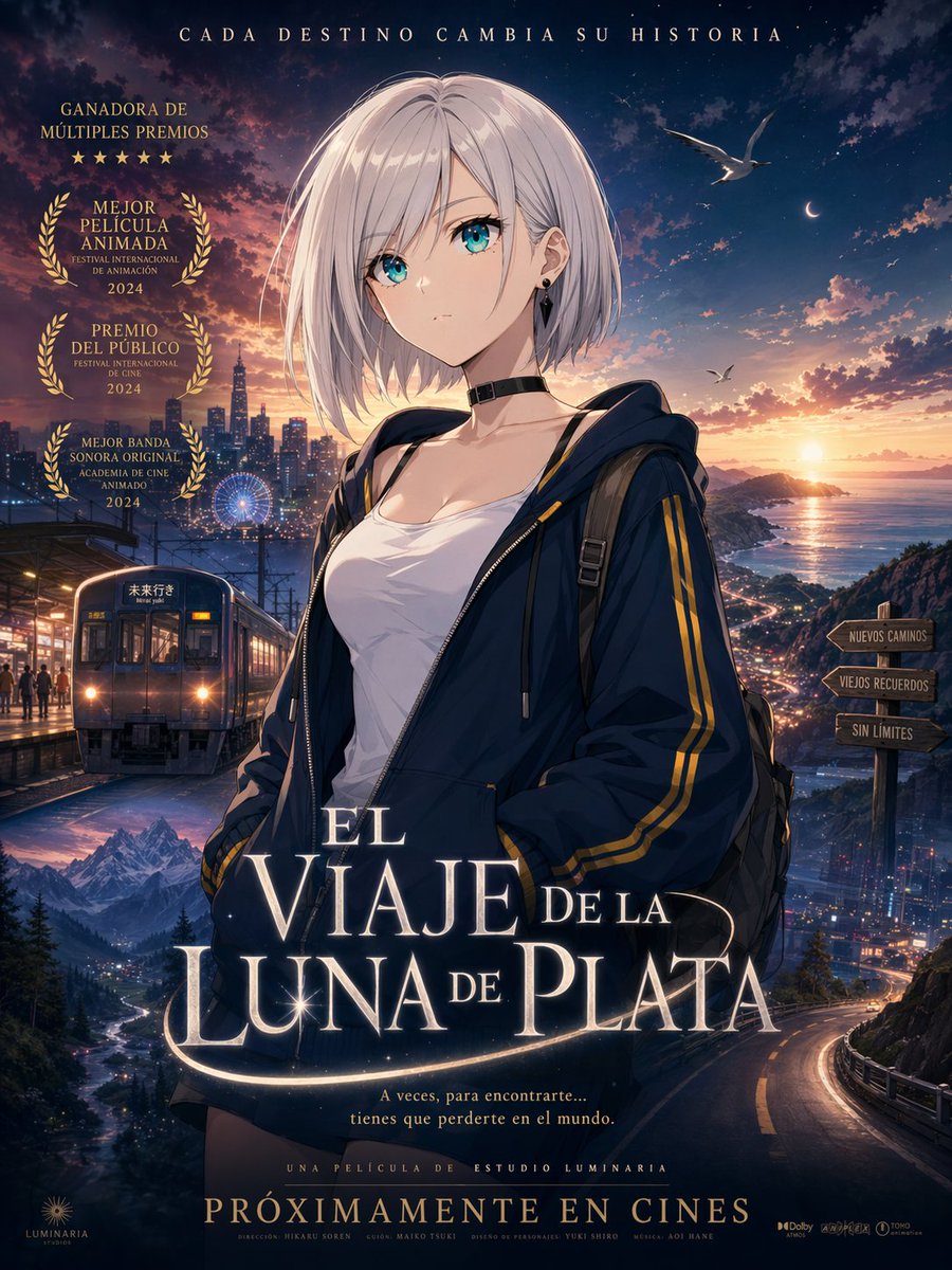 Anime Fantasy Movie Poster Qwen Image prompt example: This prompt generates a polished anime-style theatrical poster with a central silver-haired heroine, layered travel...