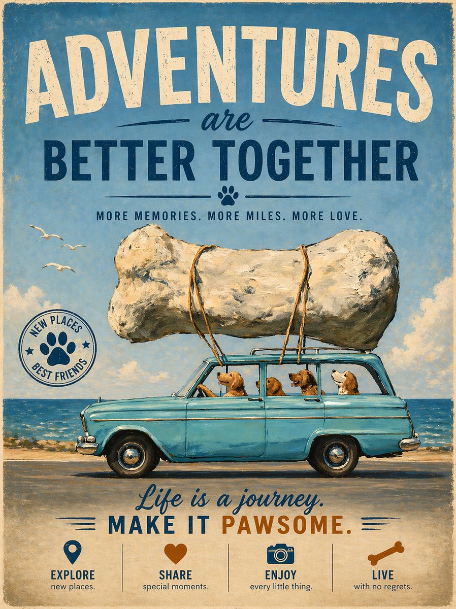 Dogs Carrying Giant Bone by the Sea Qwen Image prompt example variation 2: This prompt generates a humorous painterly coastal scene of four dogs riding in a vintage car with an...