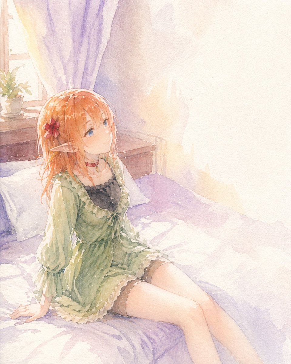 Profile / Avatar - Watercolor Elf Girl on Sunlit Bed generated image example