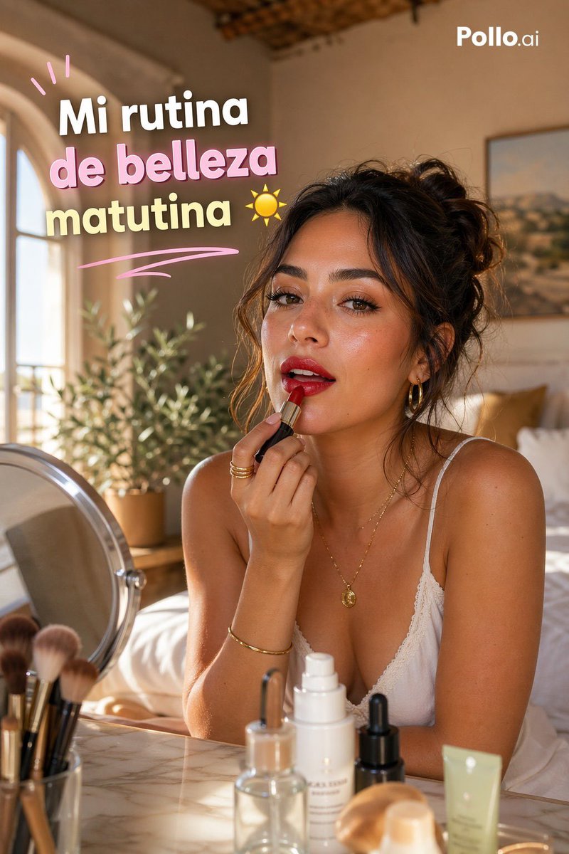 Spanish GRWM Morning Beauty Thumbnail Qwen Image prompt example: A polished vertical social media thumbnail showing a woman doing her morning beauty routine in a warm luxury...