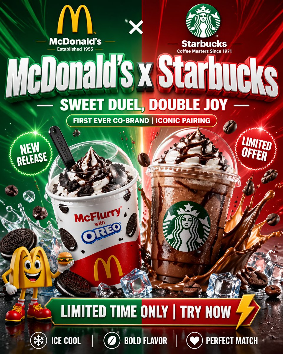 McDonald's x Starbucks Promo Poster Qwen Image prompt example: A bold vertical co-brand advertising poster showing two cold desserts side by side, ideal for social media...