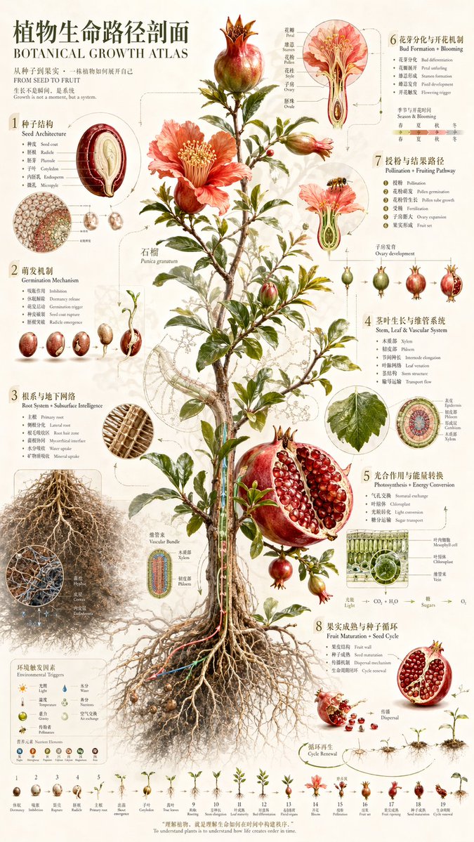 Botanical Growth Atlas Poster Qwen Image prompt example: A detailed vintage-style scientific poster showing the full life cycle and anatomy of a pomegranate plant, ideal for...