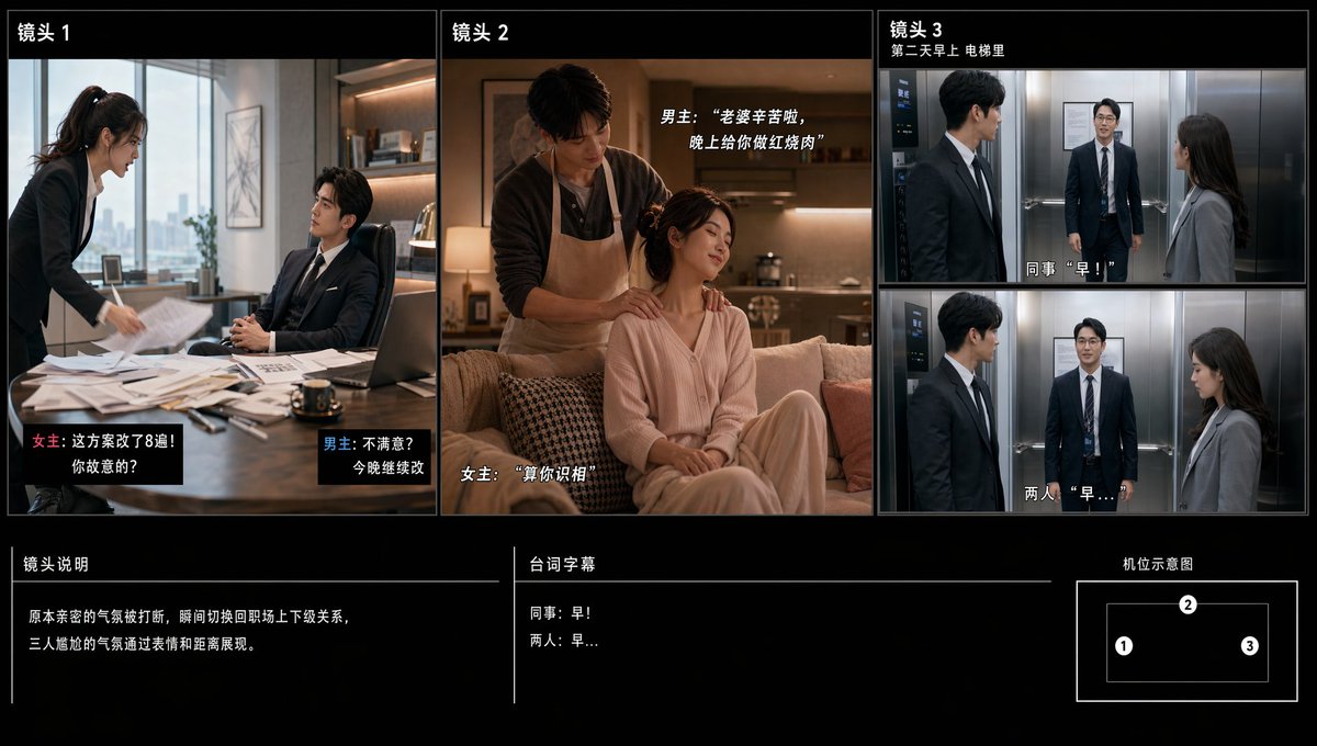 Chinese Drama Storyboard Sheet Qwen Image prompt example: A polished three-shot Chinese storyboard presentation page for a short office-secret-marriage drama, useful for planning...
