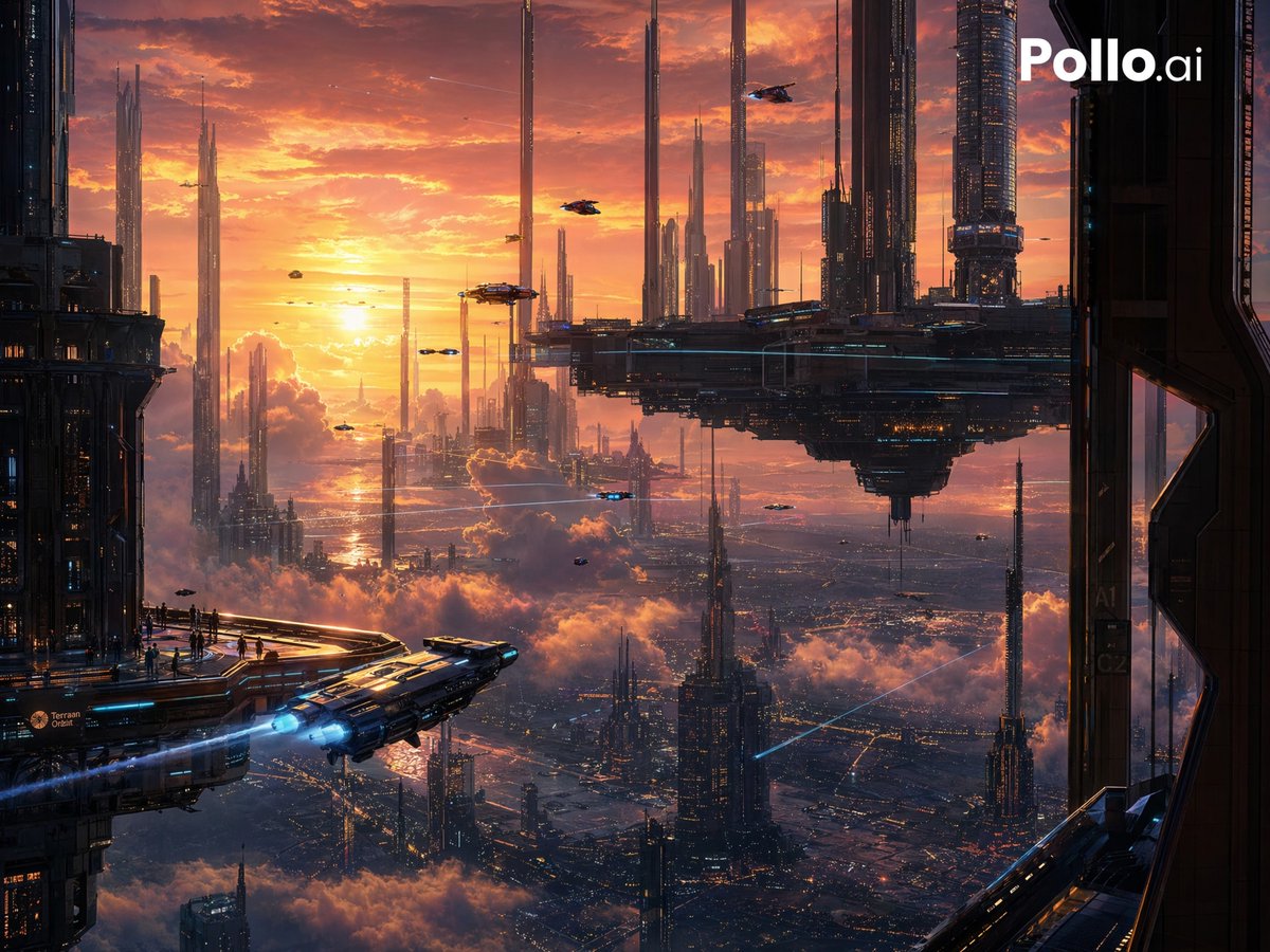 Sunset Futuristic Megacity Panorama Qwen Image prompt example: A cinematic prompt for generating an ultra-detailed sci-fi cityscape with flying vehicles, towering spires, and a...