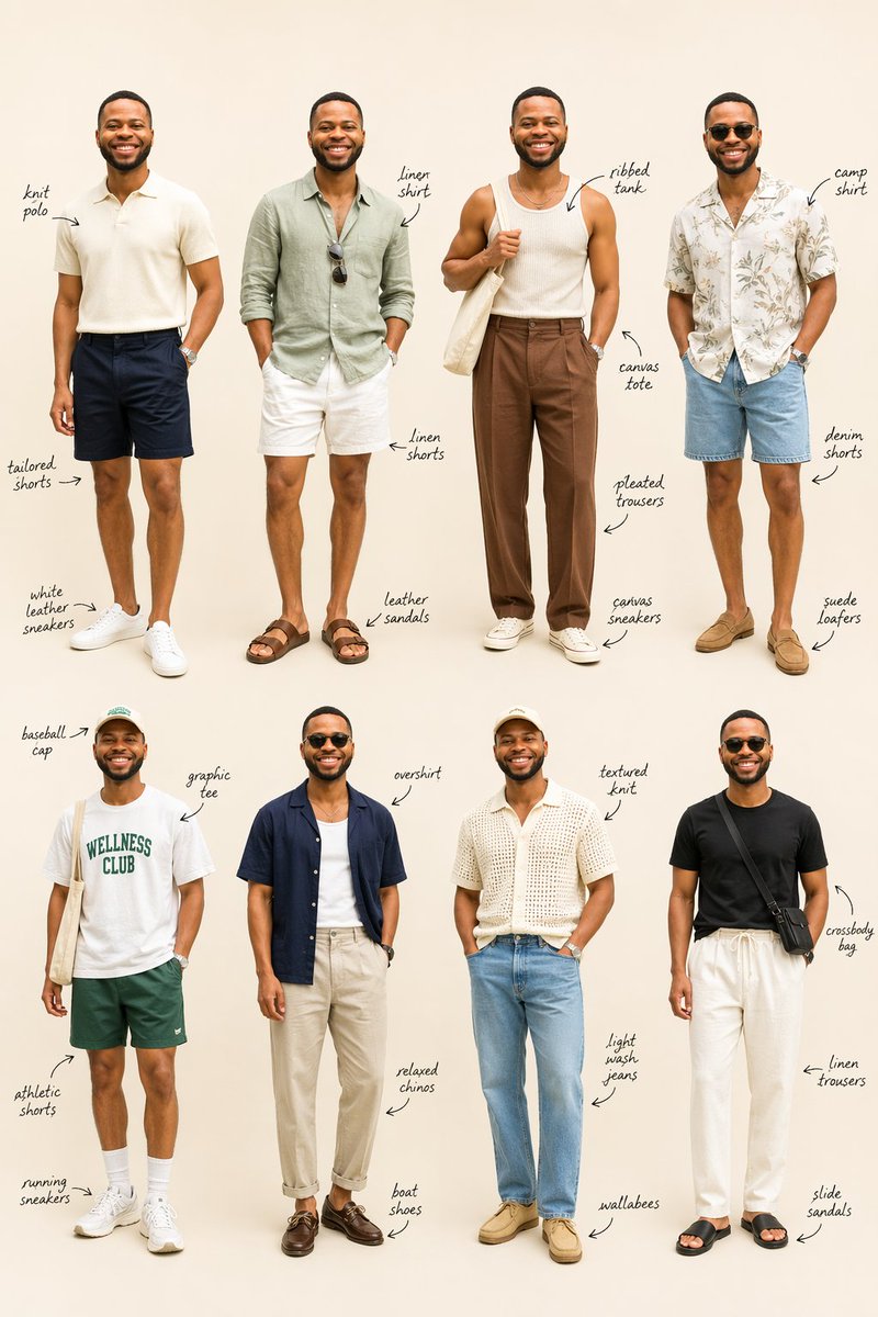 Summer Menswear Lookbook Grid Qwen Image prompt example: This prompt turns a single reference portrait into an 8-look men's fashion styling board with full-body outfit variations...