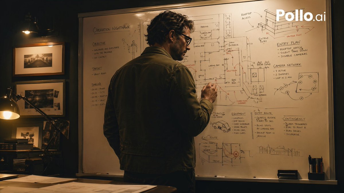 Cinematic Heist Mastermind at Whiteboard Qwen Image prompt example: This prompt generates a moody crime-drama scene of a lone strategist mapping a robbery plan on a whiteboard,...