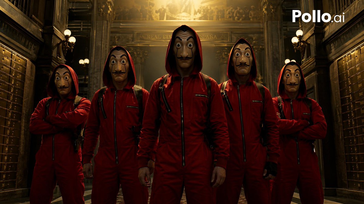 Cinematic Red Heist Team in Bank Qwen Image prompt example: This prompt generates a dramatic movie-poster-style image of a five-person masked heist crew in red jumpsuits inside a...