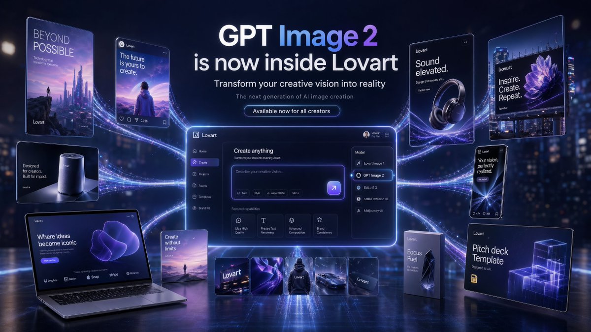 Futuristic GPT Image 2 Launch Banner Qwen Image prompt example: A premium campaign-style hero image showing GPT Image 2 inside Lovart with a central UI dashboard, multiple...