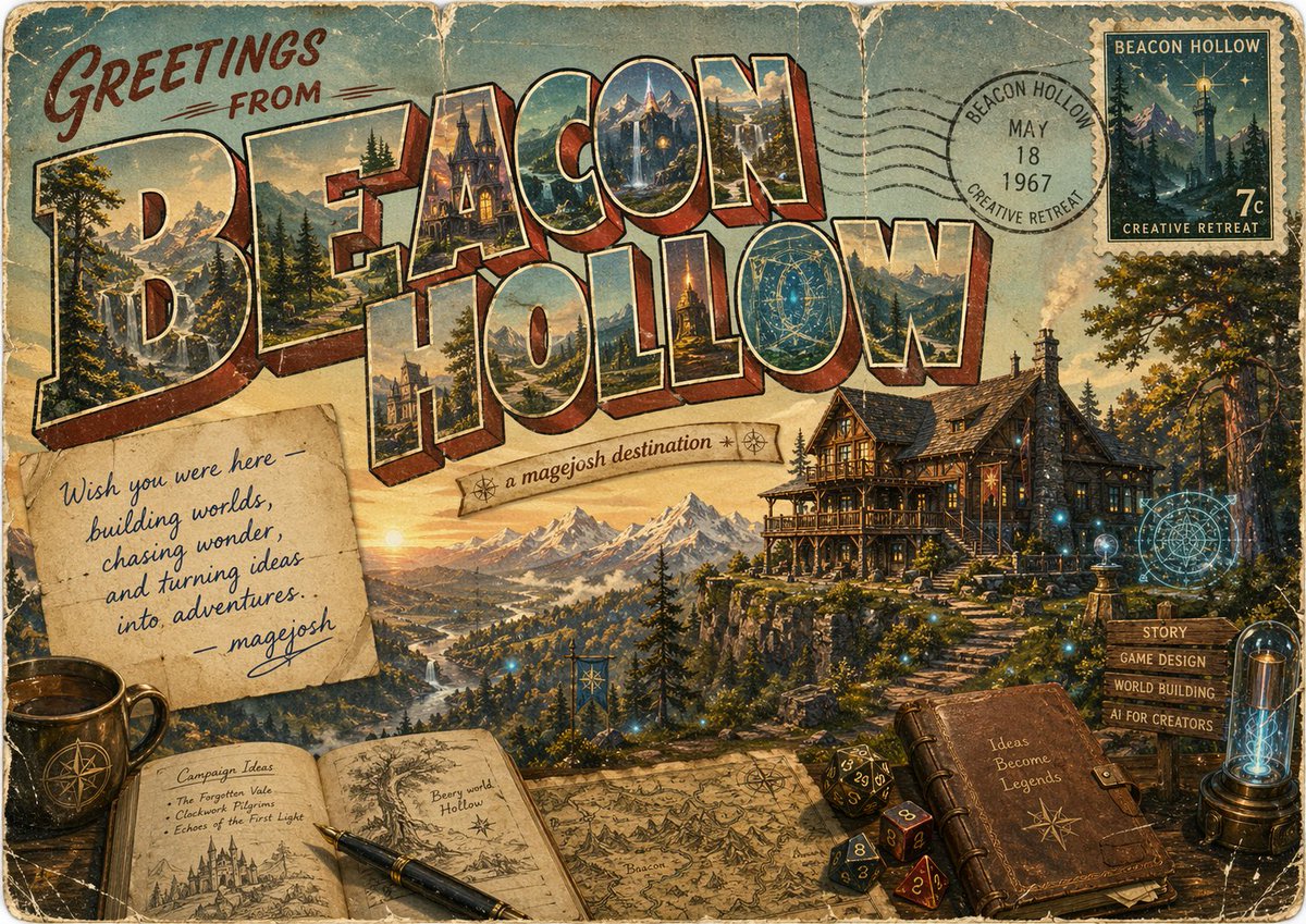 Vintage Fantasy Postcard of Beacon Hollow Qwen Image prompt example: This prompt generates a weathered retro travel-postcard illustration for a fantasy destination, ideal for...