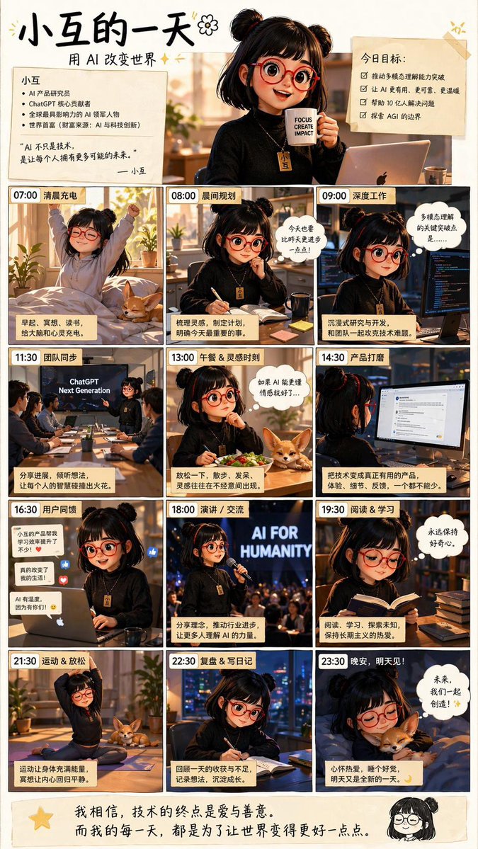 AI Girl Daily Routine Poster Qwen Image prompt example: This prompt generates a Chinese anime-style infographic poster showing a young AI creator’s full day in 12 time-stamped...