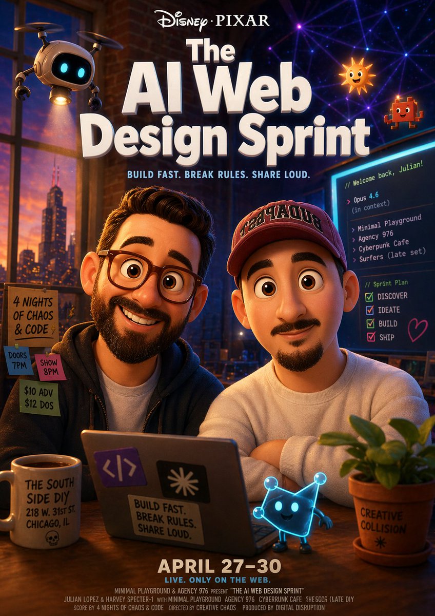 Pixar-Style AI Web Design Sprint Poster Qwen Image prompt example: A cinematic animated-style event poster for a web design sprint, ideal for promoting hackathons, creative...