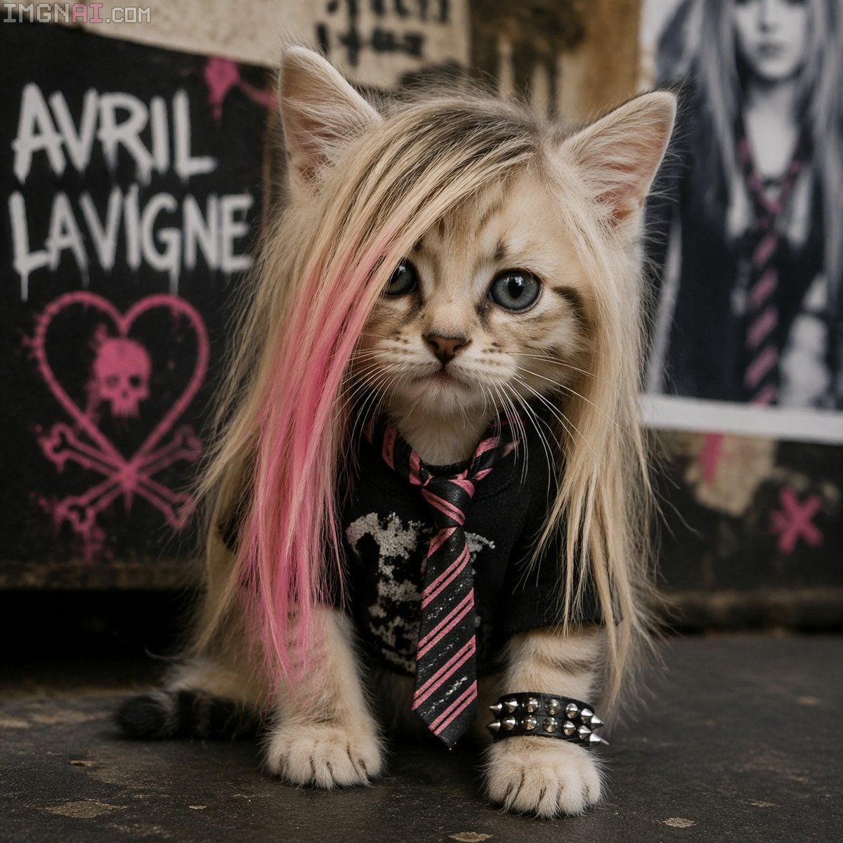 Pop-Punk Emo Kitten Portrait Qwen Image prompt example: This prompt generates a photorealistic kitten portrait with emo pop-punk styling, ideal for humorous music-themed...