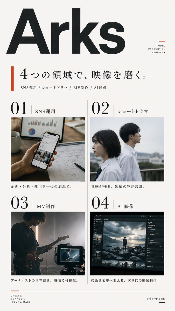 Japanese Video Production Poster Qwen Image prompt example: A minimalist Japanese corporate promo poster showcasing four video production services, suitable for agency branding,...