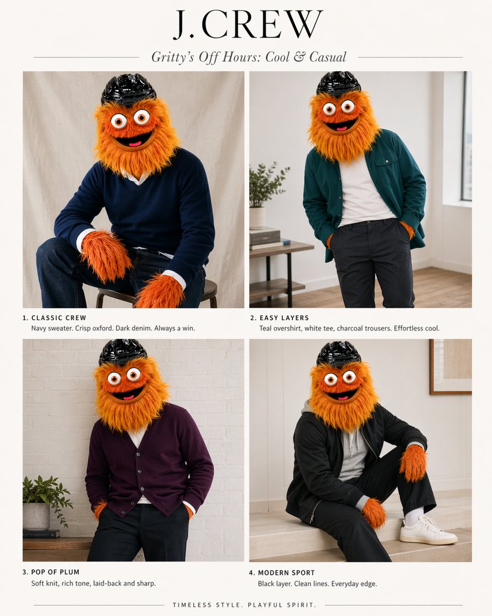 J.Crew Mascot Fashion Editorial Qwen Image prompt example: This prompt turns a mascot reference infographic into a four-look J.Crew-style fashion editorial spread for playful...