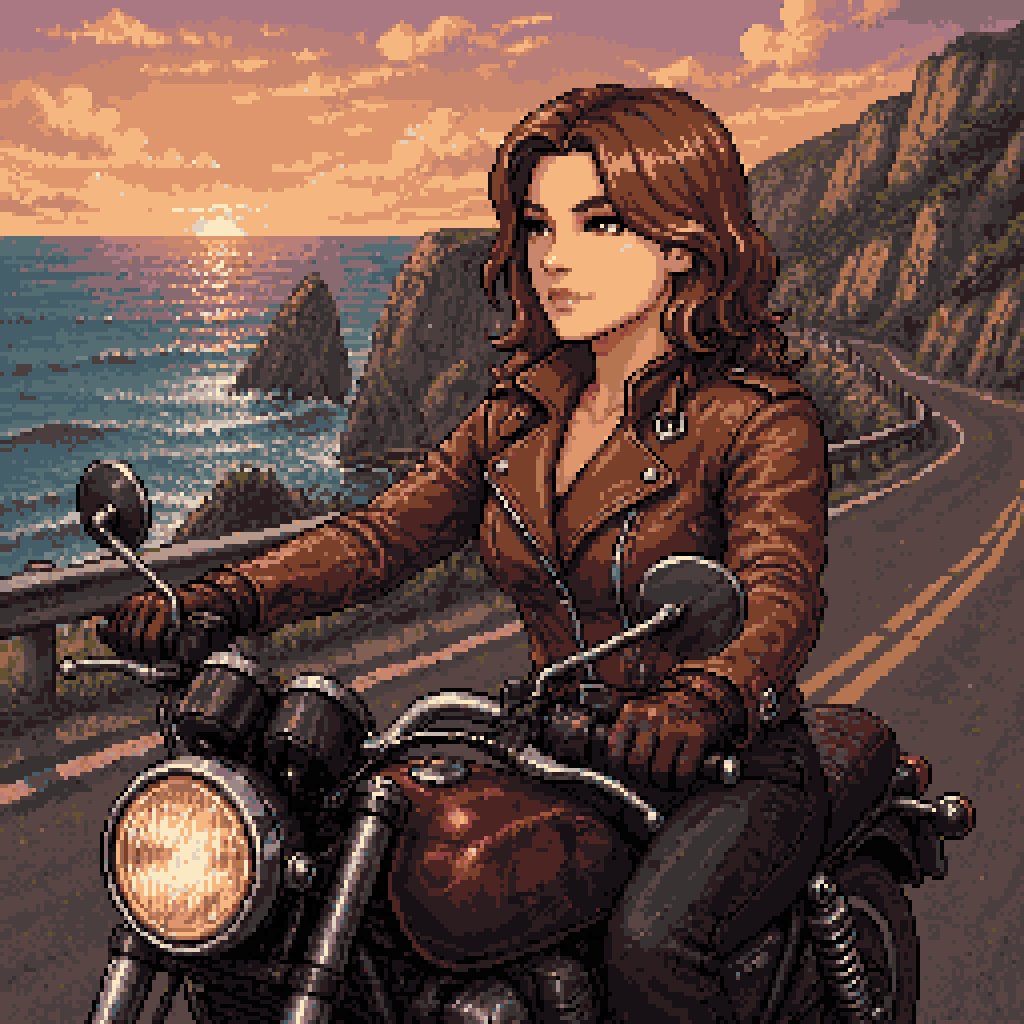 Woman Riding Motorcycle on Cliff Road reference image 1