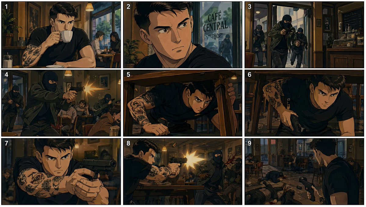 Comic / Storyboard - 90s Anime Cafe Shootout Storyboard generated image example