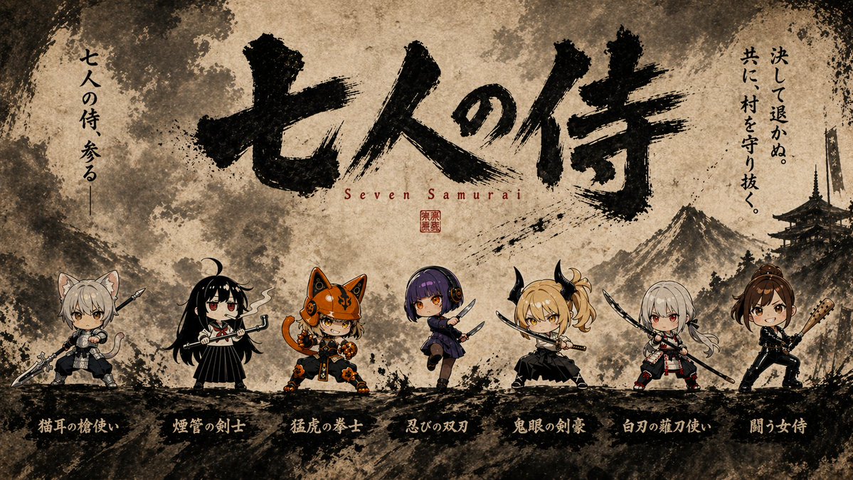 Seven Chibi Samurai Ink Poster