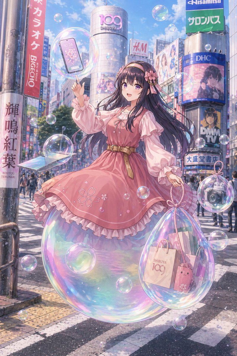 Pastel Anime Girl at Shibuya Crossing